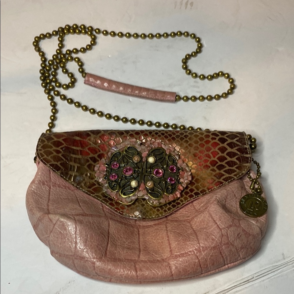 Leatherock Pink Designer bejeweled Crossbody with Gold ball Chain made in USA